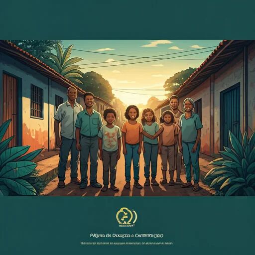 Crianças e lideranças comunitárias sorrindo em Manaus ao pôr-do-sol