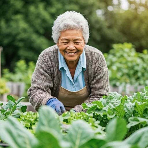 Senhora cuidando de horta comunitária