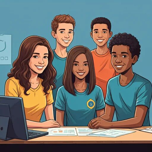 Group of young students in Brazil smiling and working together in a technology-focused classroom